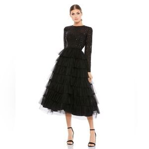 Mac Duggal Sequin Black Long-Sleeve Ruffle Tiered Tulle MIDI dress size 2 NWT